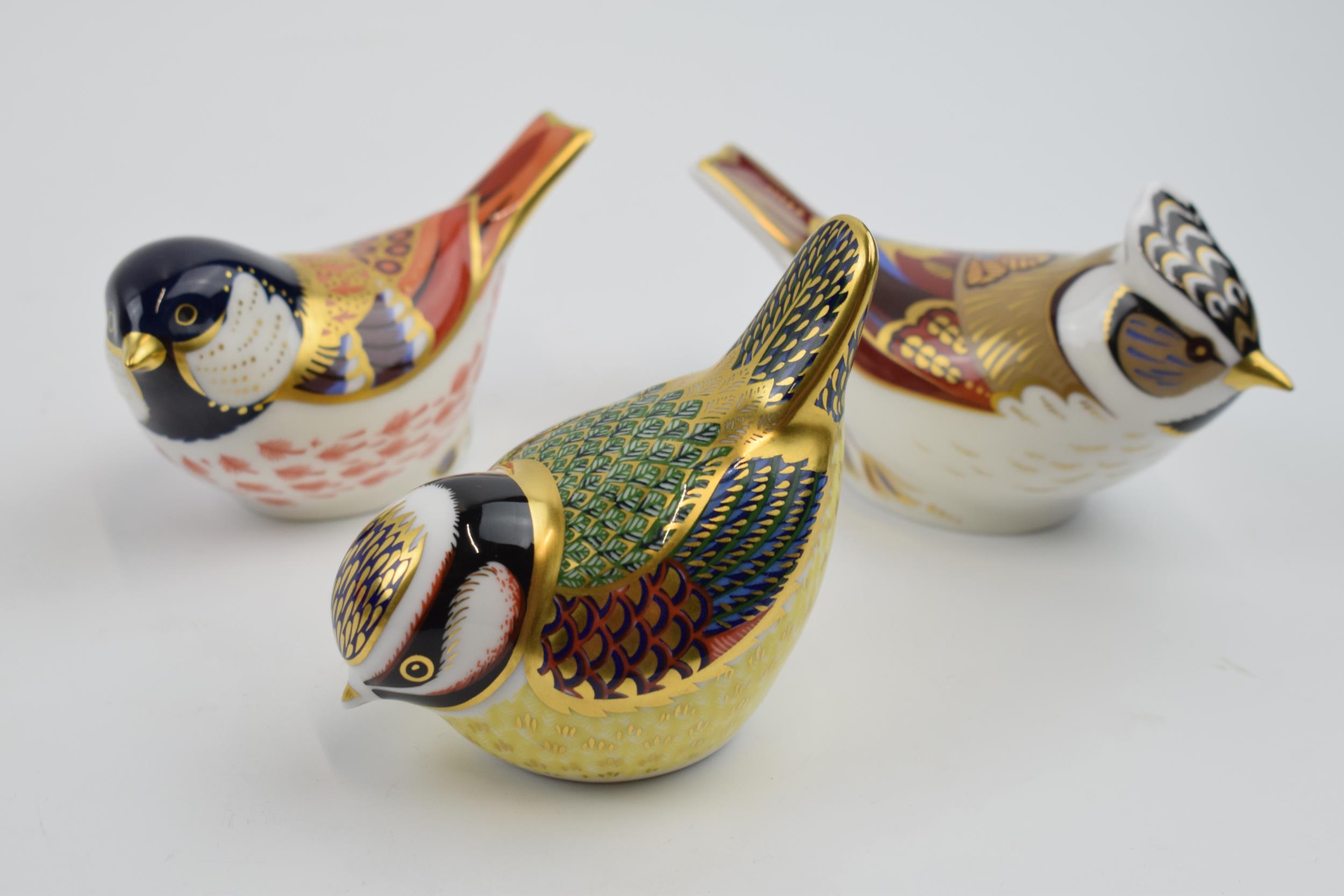 Royal Crown Derby Paperweights in the form of a Crested Tit, Blue Tit and a Coal Tit, first