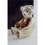Boxed Royal Crown Derby paperweight in the form of a Debonair Bear, first quality with gold stopper.