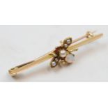 15ct gold insect brooch set with an opal, seed pearls and ruby eyes, 2.3 grams, 4cm diameter, with