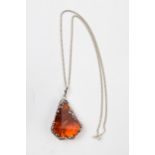 Silver and amber style pendant on silver chain, chain 50cm long.