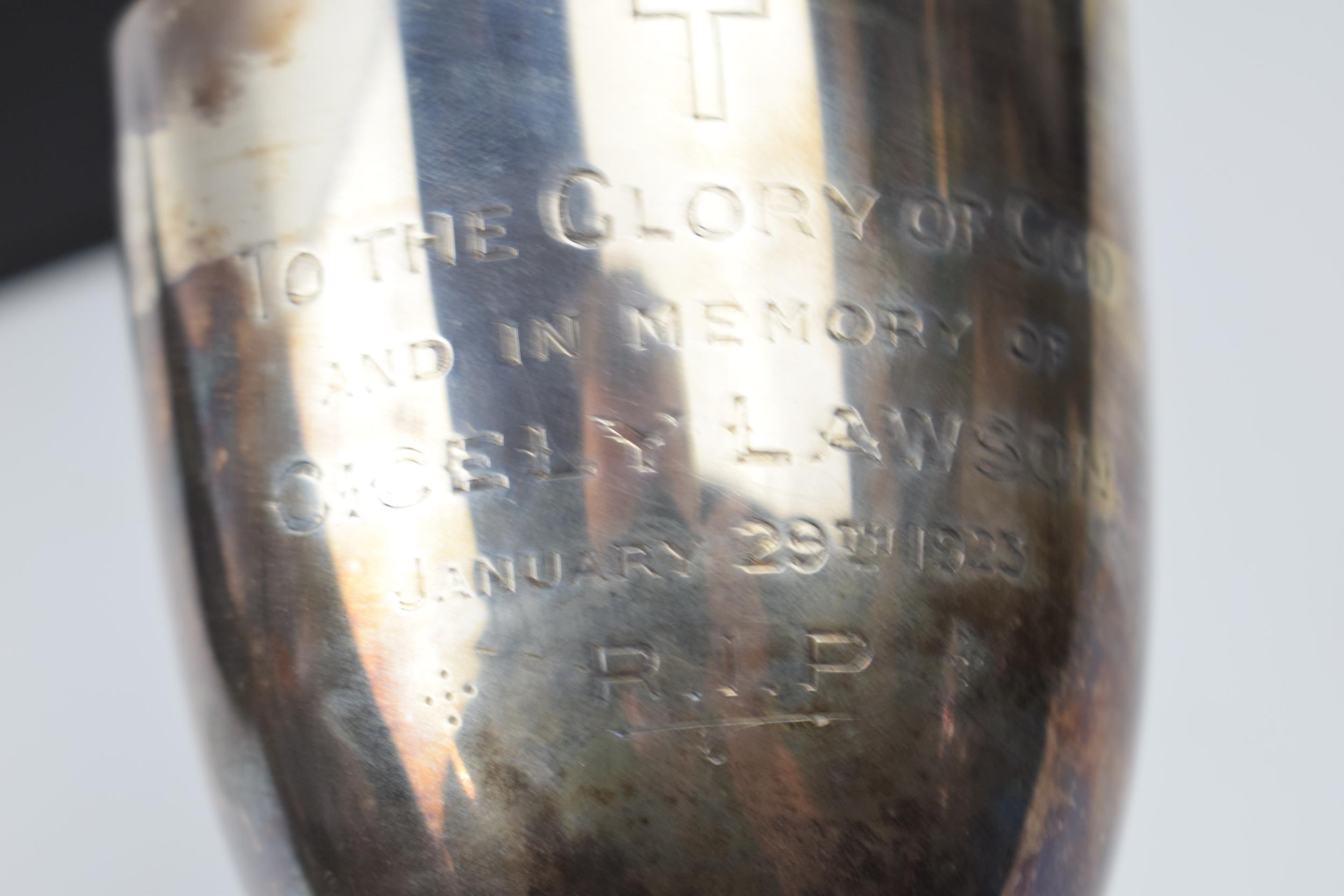 Hallmarked silver goblet with small raised edge tray, tankard with inscription 'St Thomas Penkhul' - Image 5 of 8