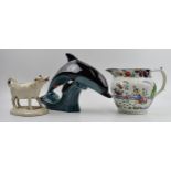 19th century Pearlware style jug (damaged) with traditional scenes with a Poole pottery dolphin