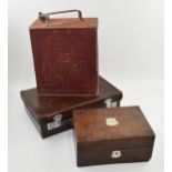 Vintage Shell oil can with BP fuel cap, a wooden box and a leather travelling case (3).