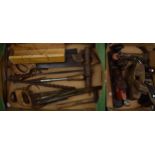 Vintage woodworking tools and similar to include wooden handled saws, Bailey No.4 Plane, Stanley