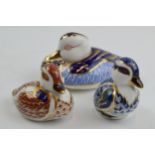 Royal Crown Derby Paperweights in the form of a Duck, a Swimming Duckling and a Sitting Duckling,