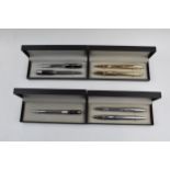 Boxed Stratton pen sets to include a gold plated pen set, a black and chrome pen set, chrome