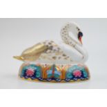 Royal Crown Derby Paperweight in the form of a White Swan, first quality with gold stopper. In