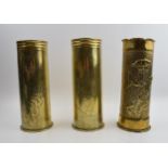 Trio of WWI trench art shells. Stamped Dusseldorf to base, 1908 and 1911. Two with Art Nouveaux