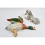 Beswick Flying Mallard wall plaque 596-0 (restored) with a grey lying horse (2). Horse in good