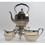 Silver plated Walker and Hall spirit kettle with burner, milk and sugar (3).