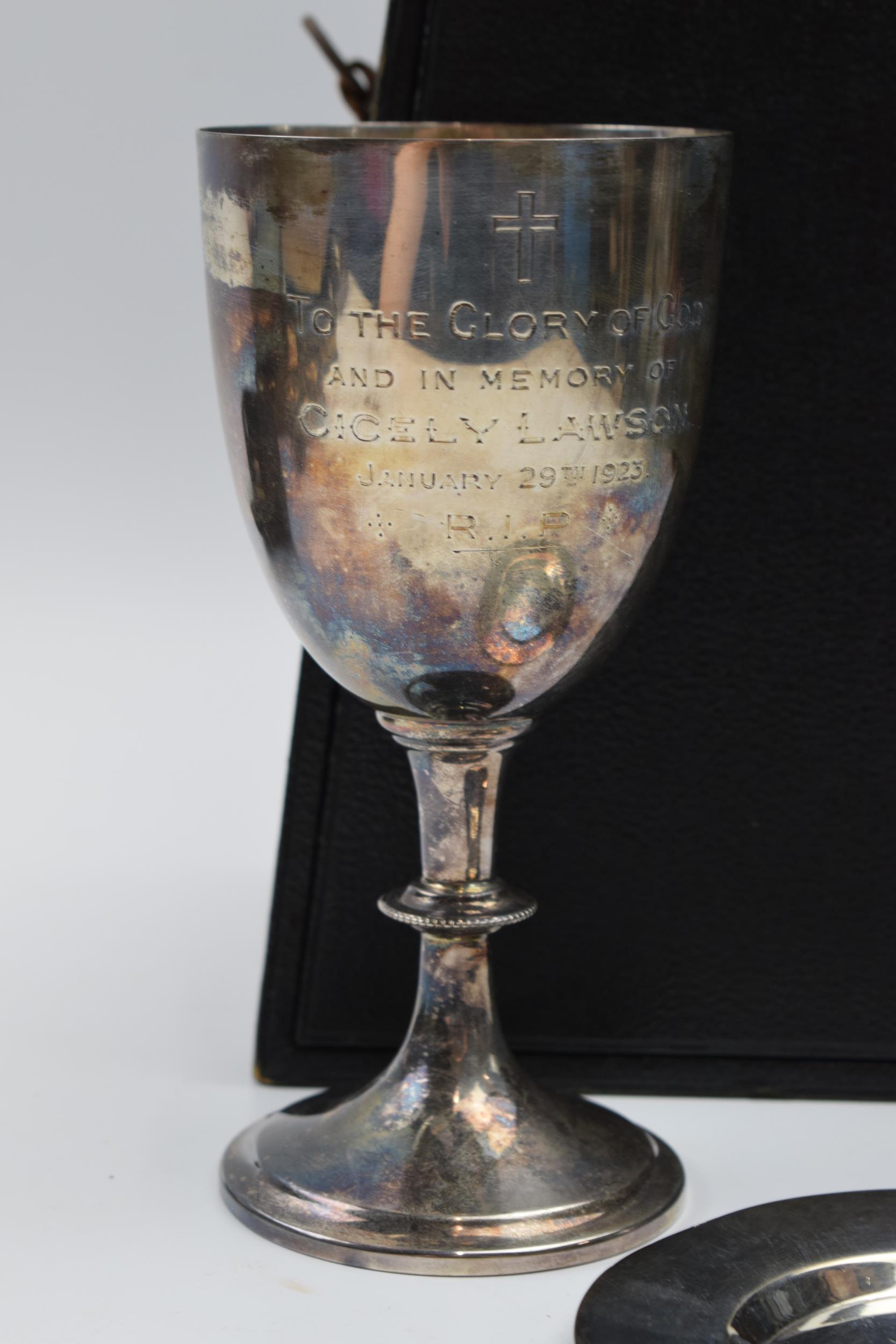 Hallmarked silver goblet with small raised edge tray, tankard with inscription 'St Thomas Penkhul' - Image 2 of 8