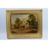 Early 20th century varnished oil painting of a rural cottage, in gilt style frame, 23x32cm exc