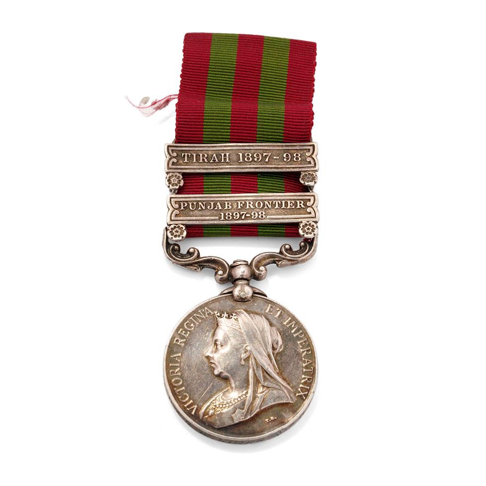 Queen Victoria India 1895 medal with 2 bars to include Tirah 1897-98 and Punjab Frontier 1897-