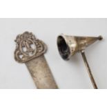 A Victorian hallmarked silver letter opener with a later candle snuffer, 70.6 grams, longest 23cm (