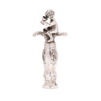 Dutch solid silver novelty corkscrew with boy drinking from a vessel sat in foliage, 9cm tall, total