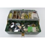 Vintage Plano Beachcomber fishing box and contents to include lures, weights and others.