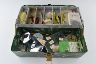 Vintage Plano Beachcomber fishing box and contents to include lures, weights and others.