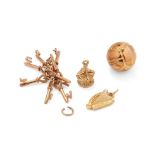 9ct gold bracelet charms to include a football, a harp / lyre, a crown and a set of keys 'I LOVE