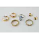 Two pairs of 9ct gold earrings, 1 pair set with stones, 3.5 grams, together with 9ct gold and silver
