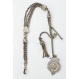 Edwardian silver Albertina watch chain with silver fob, tassel and heart shaped separators, 31.1