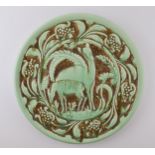 Large Burleigh Ware mottled green charger in Art Nouveau style with deer, 40.5cm diameter. In good