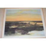 A framed collection of Peter Scott bird scene prints of varying locations and years, size of