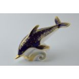 Royal Crown Derby paperweight in the form of a Blue Dolphin, first quality with gold stopper. In