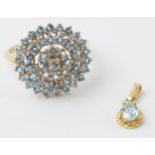 9ct gold ring set with light blue stones together with a matching pendant, 3.8 grams (2).