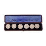 Boxed set of 6 matching sterling silver buttons with a figural scene, stamped '925.