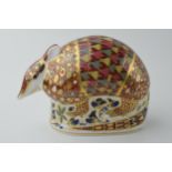 Boxed Royal Crown Derby paperweight in the form of an Armadillo, first quality with gold stopper. In