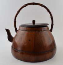 Large vintage Chinese tea kettle in wood with bamboo handle. A good decorative item. Width 37cm,