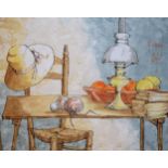 Signed Bernard Dufour acrylic still life depicting table and chair with oil lamp fruit and books.