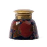 Moorcroft Pomegranate inkwell with brass hinged lid, impressed 'Moorcroft', 7.5cm tall. In good