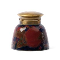 Moorcroft Pomegranate inkwell with brass hinged lid, impressed 'Moorcroft', 7.5cm tall. In good