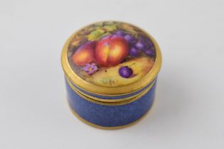 Miniature Royal Worcester painted fruit scene ceramic pill box, 2781, signed 'W. Bee', 3cm diameter.