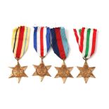 A set of 4 World War Two star medals with ribbons to include The Africa Star, The France and Germany