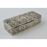 Victorian silver trinket box, ornately decorated, Birmingham 1895, raised thumb piece, 54.4 grams.