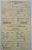 A pair of original scorecards for 1st Ashes Test June 7th-12th 1956 at Trent Bridge to include