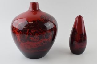 Royal Doulton flambe vases to include a large bulbous Woodcut flambe vase with a hunting scene