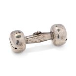 Silver baby rattle in the form of a dumbbell, 28.2 grams, 8.5cm long. Hallmarks rubbed, dents