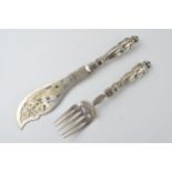 19th century pair of ornate sterling silver handled fish servers, circa 1851 Sheffield, Henry Atkin,