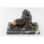 French Art Deco inkwell in the form of a lion mounted onto marble, 23cm long. The lion is in good