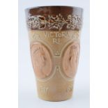 Doulton Lambeth two tone stoneware beaker Queen Victoria Diamond Jubilee, 12.5cm tall. In good