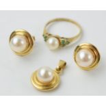 9ct gold jewellery with pearls to include a ring, a pendant and a pair of earrings, combined