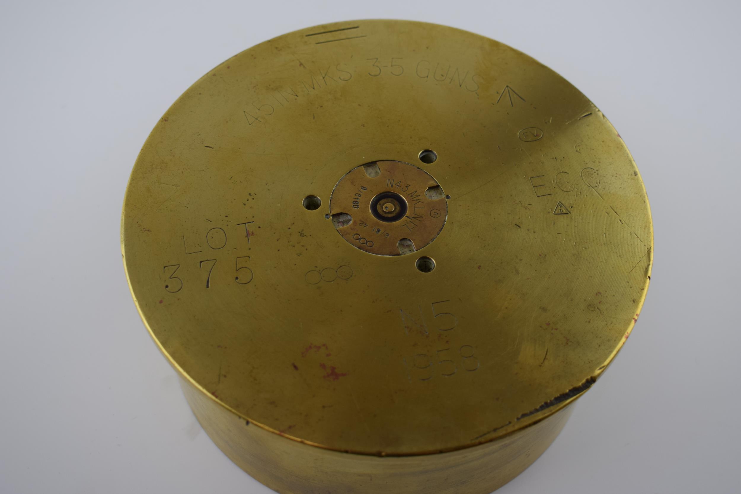 Large 1958 brass shell base / trench art, 16.5cm diameter. - Image 3 of 3