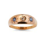 Ladies 18ct gypsy ring with sapphires and diamond. Ring size P. Weight 4g.