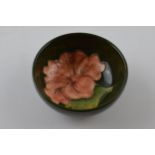 Moorcroft small shallow bowl with hibiscus on green, 8.3cm diameter. In good condition with no