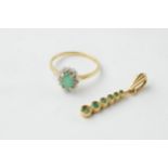 9ct gold ring set with green and white stones together with a similar pendant, 2.4 grams (2).
