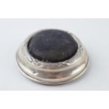 Hallmarked silver velvet pin cushion, 6.5cm diameter, Birmingham 1912. Silver can come loose from