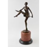 Art Deco style figure in the form of a topless lady dancing with a hoop, signed 'D. Alonzo' on